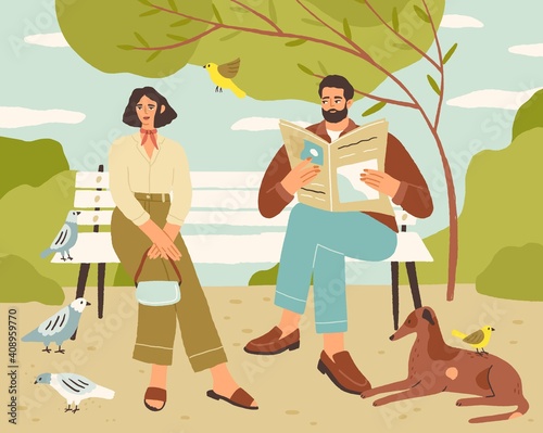 Couple resting on bench in quiet park. Man reading newspaper and looking at relaxed woman sitting in silence and enjoying leisure time. Cute colored flat vector illustration