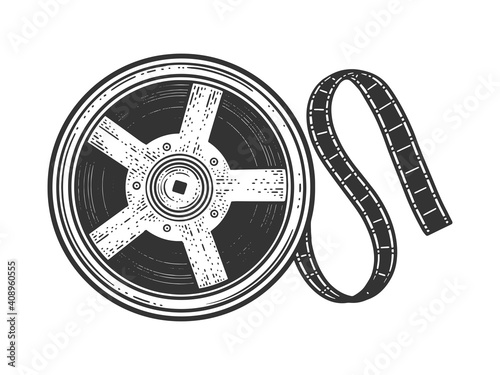 movie reel with tape sketch engraving vector illustration. T-shirt apparel print design. Scratch board imitation. Black and white hand drawn image.
