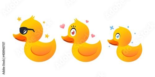 family rubber duck in a row vector design Illustration in trendy 3d vector style, male female and kid duck with glasses, clip art vector