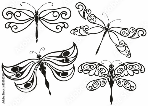 Dragonfly silhouette icons set. Vector Illustrations.