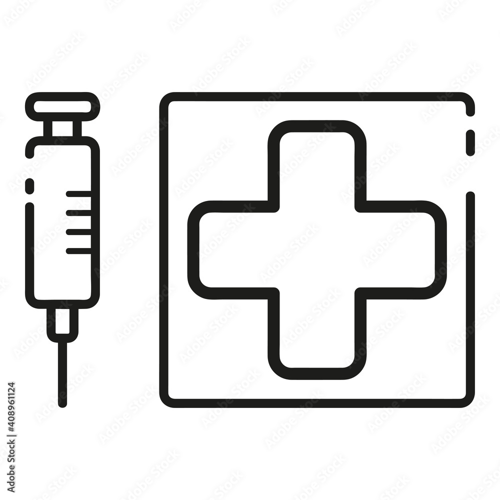 First aid kit and syringe. Medical help in case of illness. Thin line icons for web, applications and design. Minimalistic flat style. First aid kit and syringe. Medical help in case of illness. Thin line icons for web, applications and design. Minimalistic flat style.