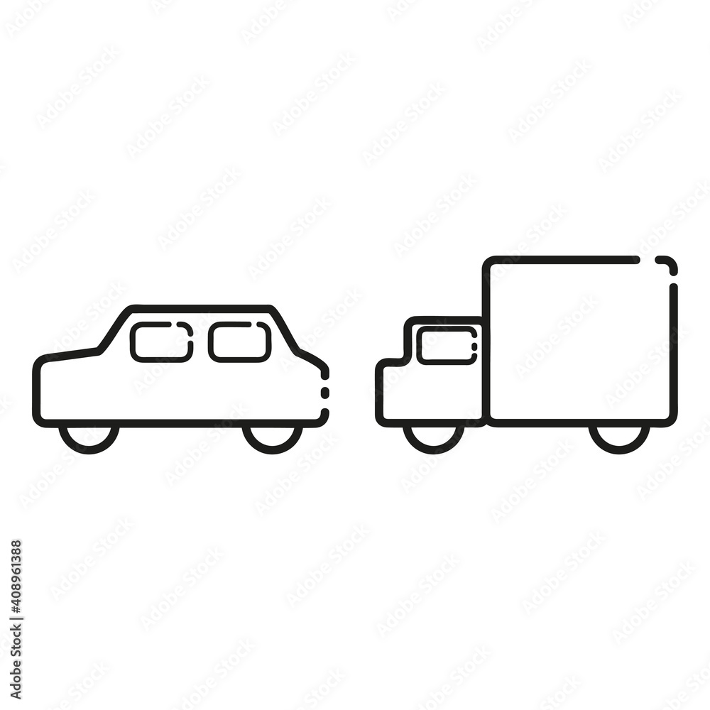 Passenger car and cargo truck. Thin line icons for web, applications and design. Minimalistic flat style.