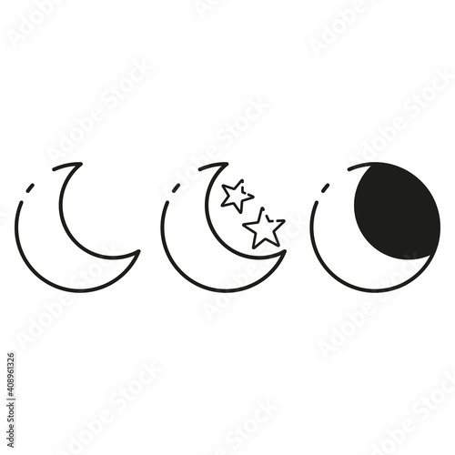 Night crescent moon and stars. Thin line icons for web, applications and design. Minimalistic flat style.