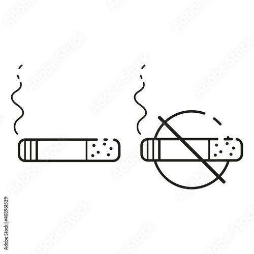 Cigarette. No smoking. Stop sign. Thin line icons for web, applications and design. Minimalistic flat style.