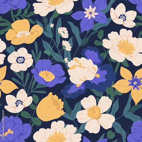 Elegant seamless floral pattern with irises, peonies, daffodils and anemones. Endless design with gorgeous flowers for printing. Repeatable botanical dark backdrop. Colorful flat vector illustration