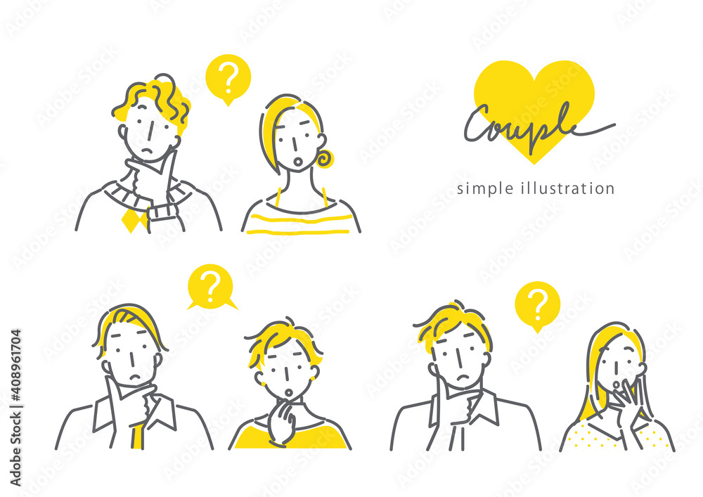 simple line art illustration,  expressive　couples in bicolor,  thinking