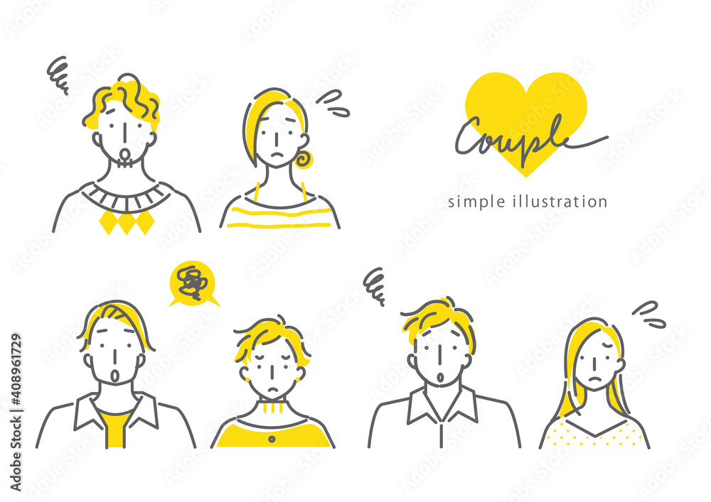 simple line art illustration,  expressive　couples in bicolor, in trouble