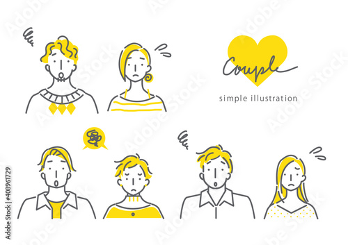 simple line art illustration,  expressive　couples in bicolor, in trouble