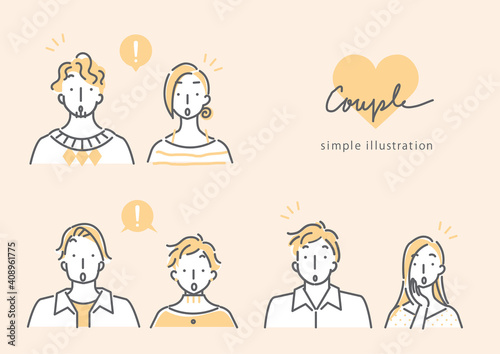 3組のカップルのシンプルでおしゃれな線画イラスト素材セット　納得　気付き　驚き