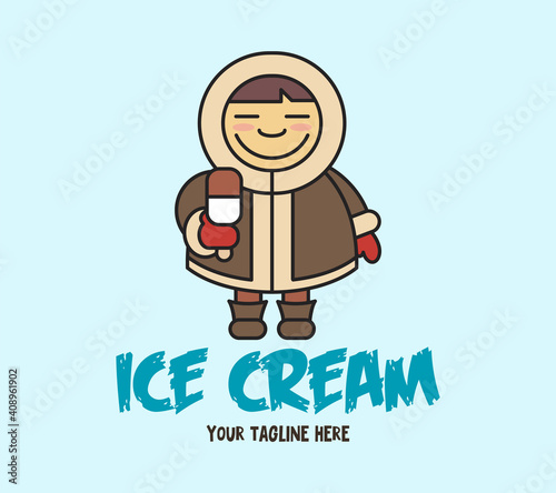 Vector cartoon illustration of funny Eskimo child with ice cream. Cute little baby Eskimo in a fluffy fur coat. Design for print, emblem, t-shirt, party decoration, sticker, logotype.