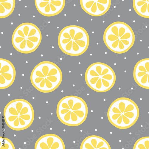 Seamless pattern with lemon slices. Illuminating Yellow and Ultimate Grey