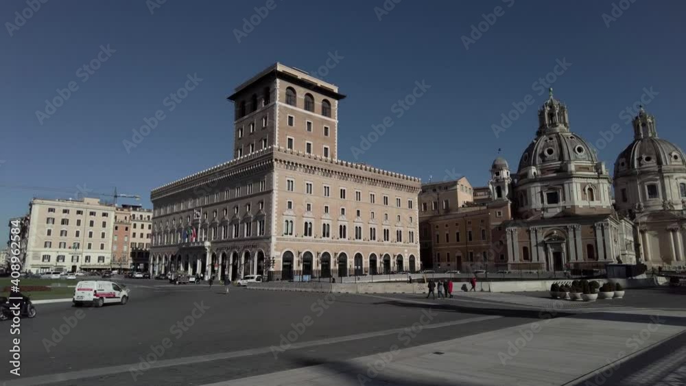 Rome, Italy - January 26, 2021: Panning at Venice square in historical Rome downtown, located at the foot of Campidoglio s hill its a world tourist attraction for architecture and decoration Rome, Italy - January 26, 2021: Panning at Venice square in historical Rome downtown, located at the foot of Campidoglio s hill its a world tourist attraction for architecture and decoration