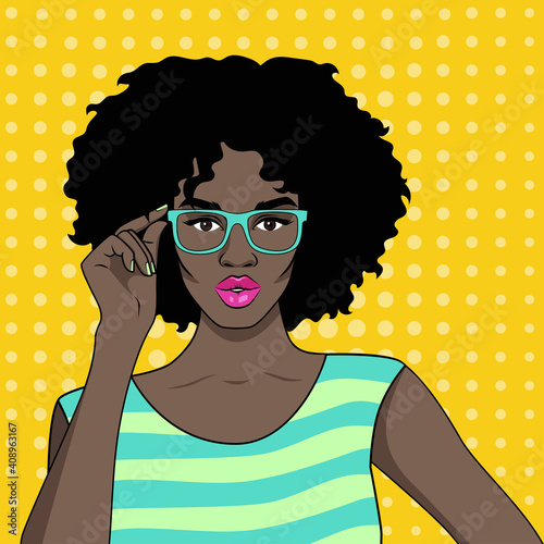 Beautiful young African American woman in pop art style. Vector image on a yellow background.
