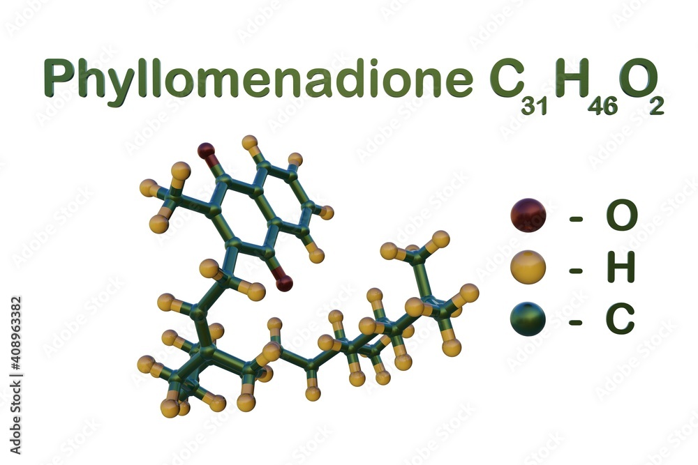 Ilustracja Stock Structural chemical formula and molecular model of phyllomenadione or vitamin