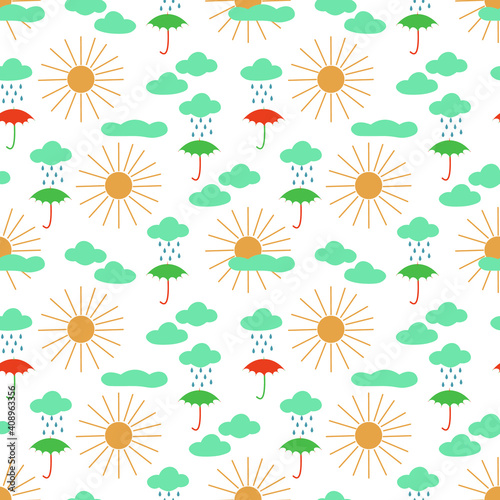 Vector seamless pattern about weather forecast on a white background. Illustration with sun, clouds, raindrops, umbrellas. Design element for print, card, packing, textile, wallpaper, wrapping paper.