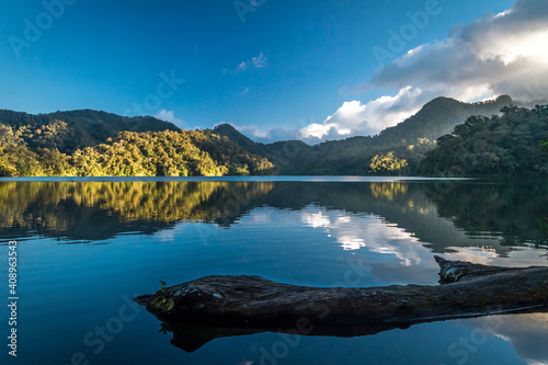 Evening water surface of the volcanic lake. Mountain Lakes twins.