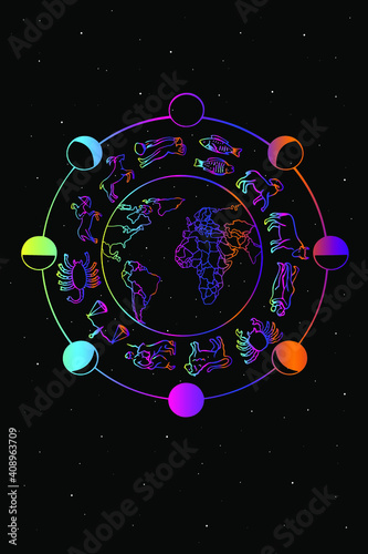 vector illustration, crystals and the solar system, moon phases. Sky patterns in the style of old engravings. Astronomy and astrology. Magical  signs. Signs of the zodiac. A mystical map of the world 