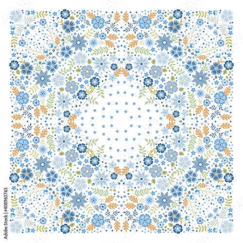 Lovely tablecloth with floral ornament from blue flowers on white background. Bandana print, silk neck scarf, square kerchief. Vector design.