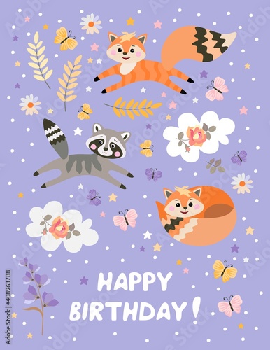 Happy birthday greeting card with cute foxes and raccoon. Childish vector illustration. © Happy Dragon