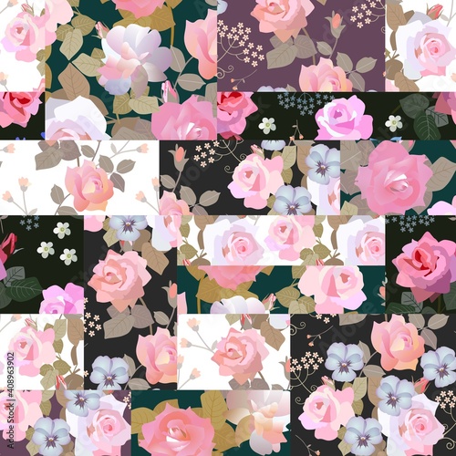 Patchwork design with beautiful rose and pansy flowers and buds. Seamless vector pattern.