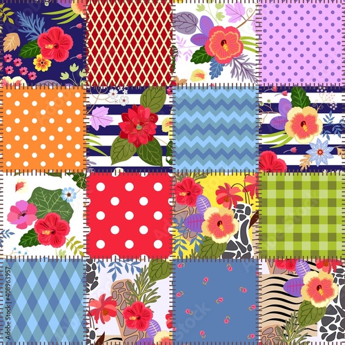 Colorful seamless patchwork pattern from stitched square patches with bright tropical flowers and geometric ornaments.