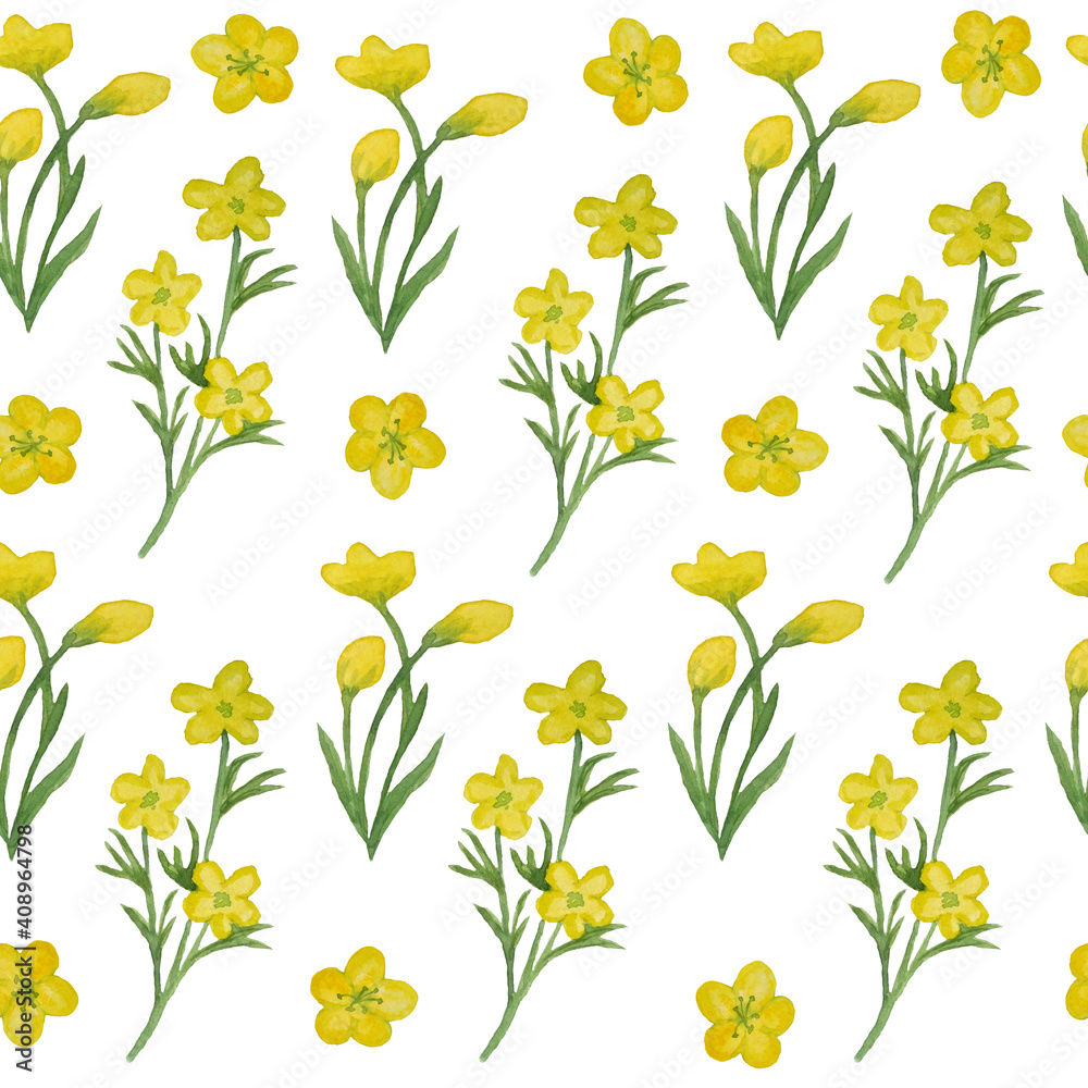Seamless hand drawn watercolor pattern with yellow buttercup ranunculus, green wild herbs flowers leaves in wood woodland forest. Organic natural plants, floral botanical design for wallpapers textile
