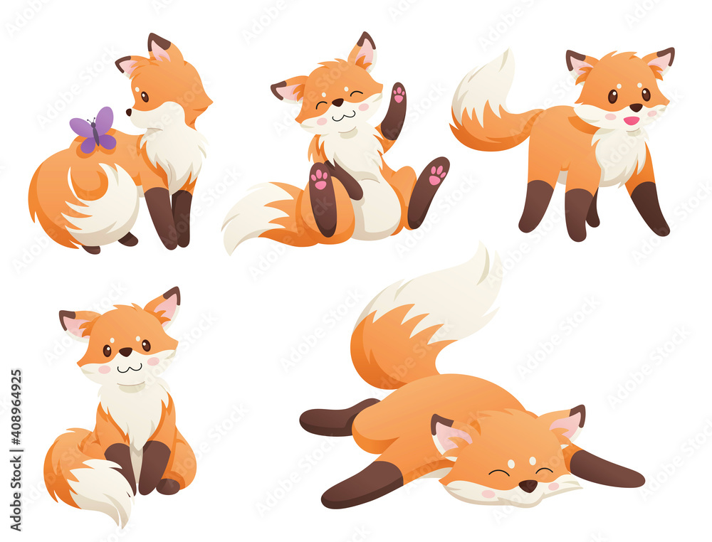 Cut set of cartoon with a cute little fox and butterfly hand drawn childish. Vector illustration.