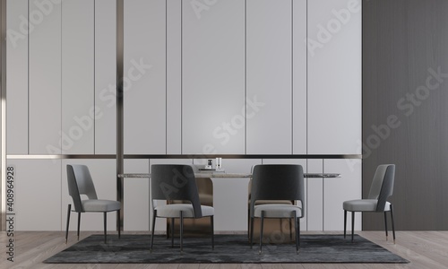 The mock up room interior design of luxury dining room and empty wall pattern background, 3d rendering © teeraphan