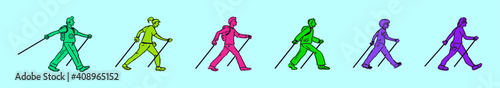 set of nordic walking cartoon icon design template with various models. vector illustration isolated on blue background