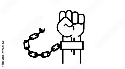 Man fist, human hand raised up, art concept of resistance, strength, majority, fight, defending rights of society. Broken chains, freedom from shackles Vector Isolated line illustration