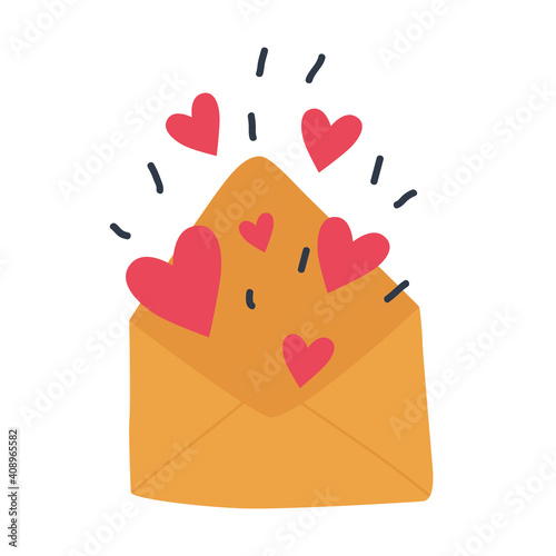 Love message for Valentine's Day. Cute letter, envelope with hearts open. Romantic Elements for design poster, greeting card, save the date. Flat Vector illustration isolated on a white background.