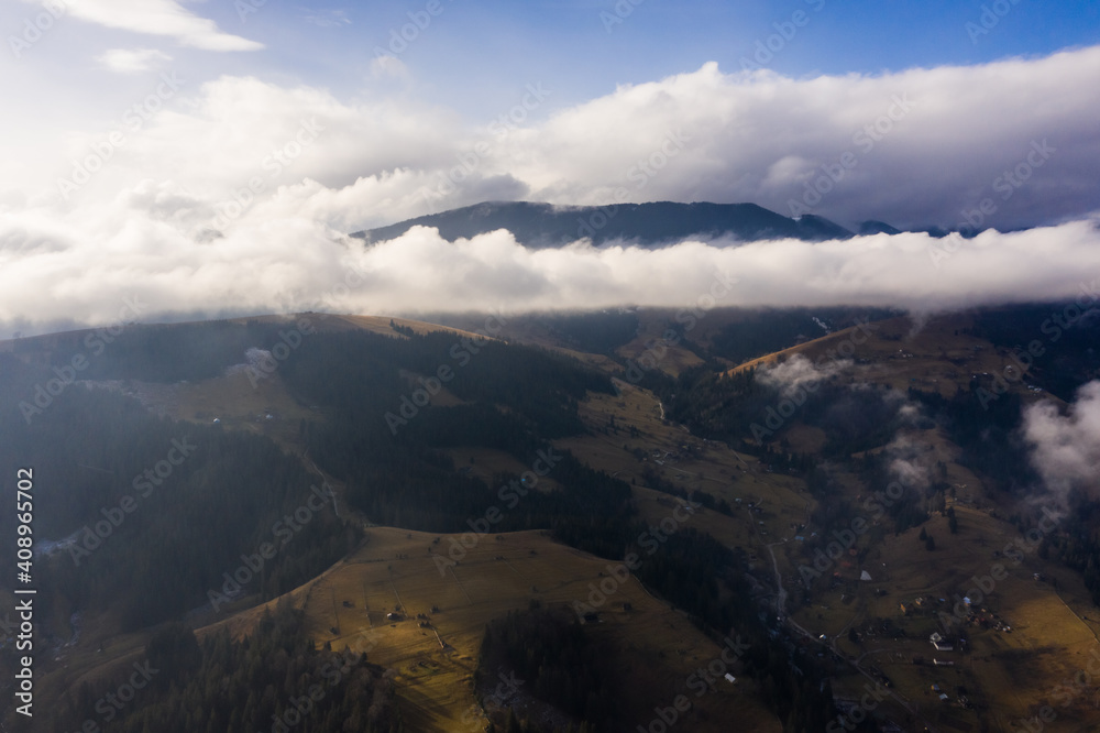 Beautiful winter nature aerial in the Carpathian Mountains, inspiration landscape realtime. Aerial panoramic drone shot