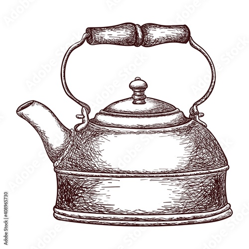 Copper teapot in sketch style, outline drawing isolated on white background, stock illustration for design and decoration, vintage, sticker, poster, banner