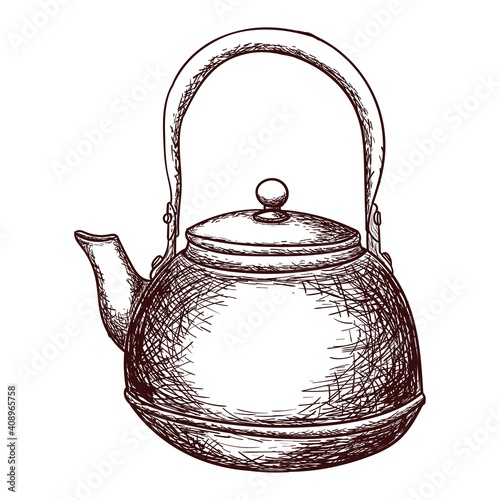 Copper teapot in sketch style, outline drawing isolated on white background, stock illustration for design and decoration, vintage, sticker, poster, banner