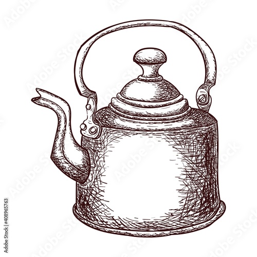 Copper teapot in sketch style, outline drawing isolated on white background, stock illustration for design and decoration, vintage, sticker, poster, banner