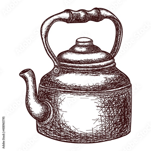 Copper teapot in sketch style, outline drawing isolated on white background, stock illustration for design and decoration, vintage, sticker, poster, banner