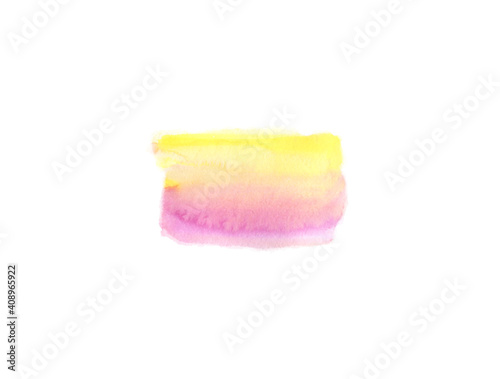 Watercolor yellow pink paint spot isolated on white background. Blurred background. An abstraction. Spring sky. Sunrise