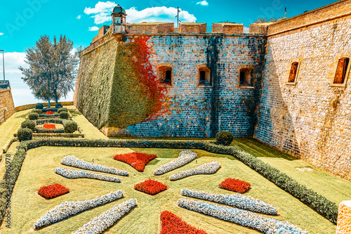 View of Castillo de Montjuic  on mountain Montjuic in  Barcelona, Spain. photo