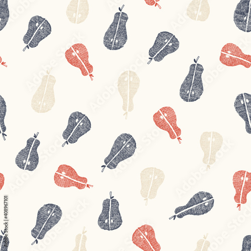 Seamless embroidery style texture of pear. Hand drawn sketch painting on simple color background.