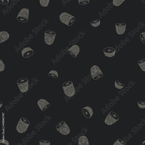 Seamless embroidery style texture of kiwi. Hand drawn sketch painting on deep color background.