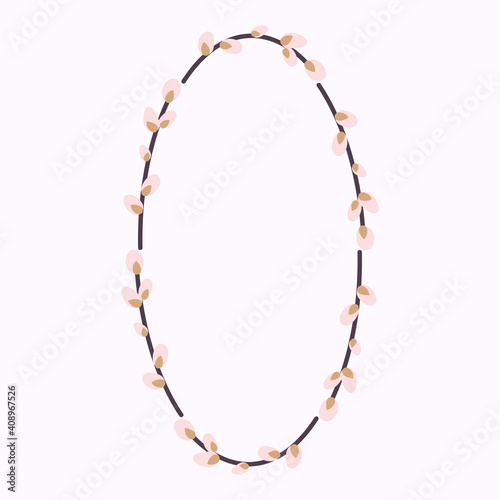 Oval wreath of willow. Willow wreath.Easter wreath made of willow stalks.Vector flat illustration. Design for invitations, postcards, printing