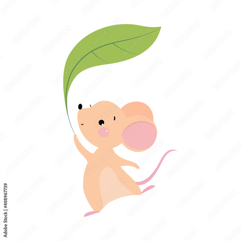 Funny Mouse with Pointed Snout and Rounded Ears Dancing with Green Leaf Vector Illustration Funny Mouse with Pointed Snout and Rounded Ears Dancing with Green Leaf Vector Illustration