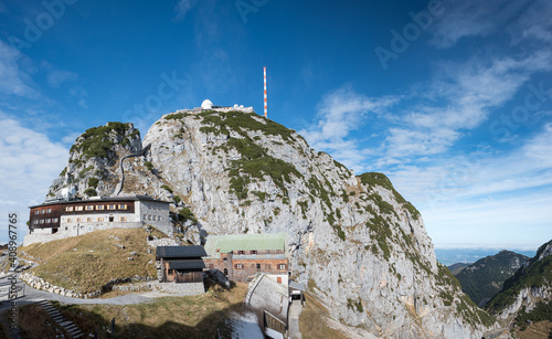 famous summit with railway top station, observatory Wendelstein mountain, upper bavarian alps photo