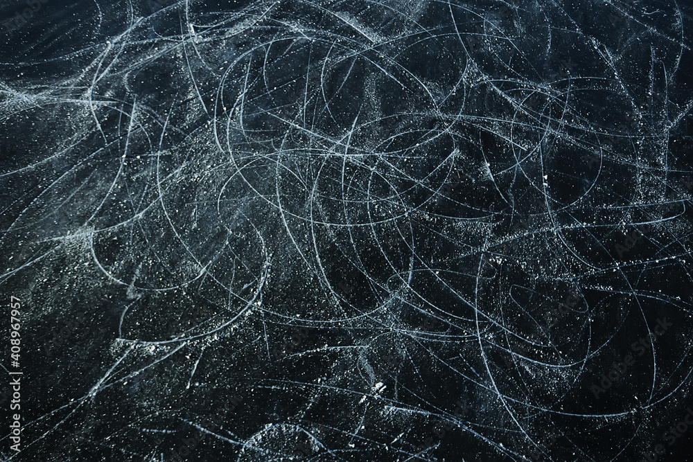 ice traces of skates texture, abstract background, top view aerial