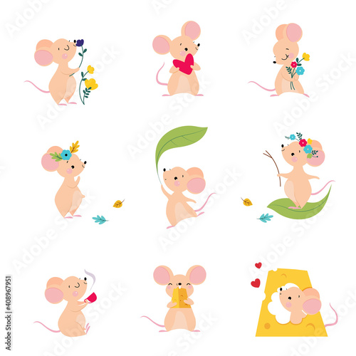 Cute Mouse with Pointed Snout and Rounded Ears Holding Heart and Nibbling Cheese Slab Vector Set
