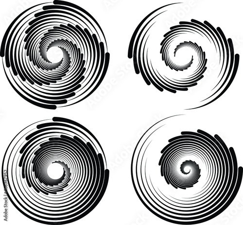  Dotted, dots, speckles abstract concentric circle. Spiral, swirl, twirl element.Circular and radial lines volute, helix.Segmented circle with rotation.Radiating arc lines.Cochlear