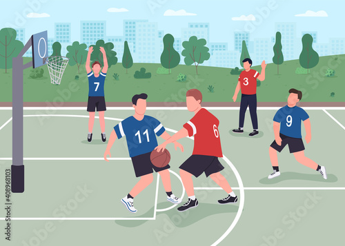 People playing basketball on street flat color vector illustration. Guys having fun spending their leisure time outdoor. Basketball players 2D cartoon characters with city park on background