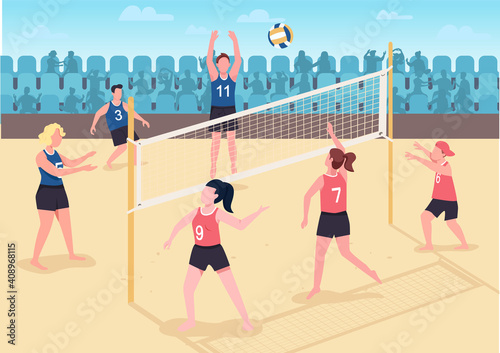 People playing volleyball on beach flat color vector illustration. Visitors spending their free holiday time outdoor. Volleyball players 2D cartoon characters with shouting fans on background