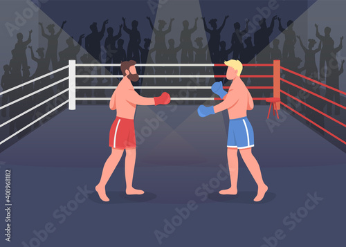 Boxing event flat color vector illustration. Two strong proffesionals fighting between to win championship. Strong boxers 2D cartoon characters with lots of people near boxing ring on background