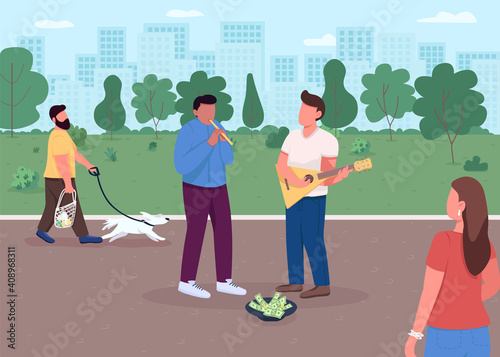 Street music playing flat color vector illustration. Collecting money with your favourite hobby. Special perfomance in park. Talanted musicians 2D cartoon characters with huge megapolis on background